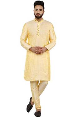 SKAVIJ Herren Tunika Kunst Seide Kurta-Pyjama-Set ethnisch indische Kleidung Anzug (Beige, XL) von SKAVIJ