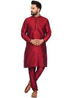 SKAVIJ Herren Tunika Kunst Seide Kurta-Pyjama-Set ethnisch indische Kleidung Anzug (Rot, L) von SKAVIJ