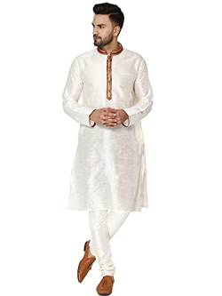 SKAVIJ Herren Tunika Kunstseide Kurta Pyjama Set indisches Ethno Kleid (Cremefarben, L) von SKAVIJ