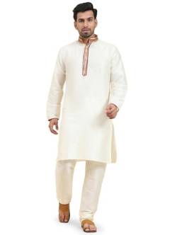 SKAVIJ Herren Tunika Kunstseide Kurta Pyjama Set indisches Ethno Kleid (Cremefarben, M) von SKAVIJ