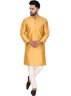 SKAVIJ Herren Tunika Kurta Pajama Kariert Party Kleid (Gold, L) von SKAVIJ