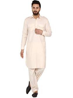 SKAVIJ Herren Tunika Pathani Kurta Pyjama Indische Beiläufig Tragen Kleid Set Kleid Set (Beige, L) von SKAVIJ