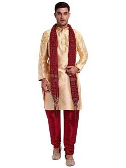 SKAVIJ Herren synthetische indische ethnische Kleidung Kurta Pyjama Schal Anzug Festival Saison Partykleid Set (Beige, Large) von SKAVIJ