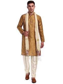 SKAVIJ Herren synthetische indische ethnische Kleidung Kurta Pyjama Schal Anzug Festival Saison Partykleid Set (Braun, X-Large) von SKAVIJ