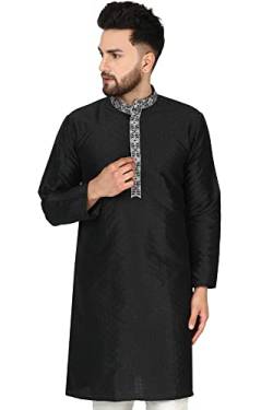 SKAVIJ Männer Kunst Seide Kurta Hochzeitsfeier Lässig Langes Hemd Kleid (Medium, Schwarz) von SKAVIJ