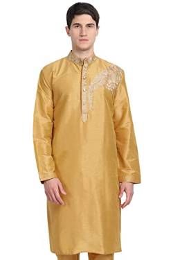 SKAVIJ Männer Kunst Seide Kurta Top Indische Hochzeit Lässig Langes Hemd Kleid (X-Large, Gold) von SKAVIJ