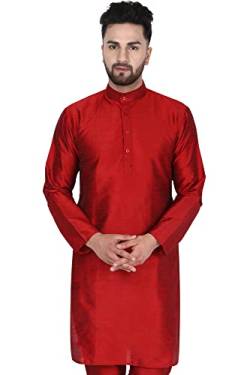 SKAVIJ Männer Kunst Seide Lang Hemd Indianer Lässiges Kurta Party Kleid (X-Large, Rot) von SKAVIJ