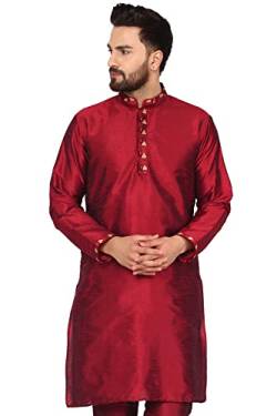 SKAVIJ Männer Tunika Kunst Seide Kurta Ethnische Indische Lange Lässig Hemd Party Kleid (Small, Rot) von SKAVIJ