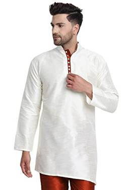 SKAVIJ Männer Tunika Top Kunst Seide Lange Kurta Indische Hochzeit Lässig Hemd Kleid (Medium, Nicht-Gerade Weiss) von SKAVIJ