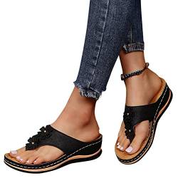 Damen Sommerschuhe Strand Orthopädische Flip Flops Römersandalen Zehentrenner Plateau Leder Schwarz Slides Schuhe Outdoor Keilabsatz Sports Zehensandalen Blaue Breite Füße Latschen Slatschen von SKFLABOOF