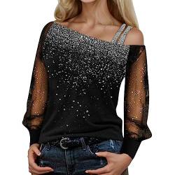 SKFLABOOF Glitzer Top - Bluse Damen Elegant Oversize Sommer Spitzen Glitzer Oberteile Blusentop Tops Schulterfrei Elegant Oberteil Netzoberteil Party Weiße Netzshirt Glitzeroberteil Piratenbluse von SKFLABOOF