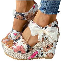 SKFLABOOF Keilsandaletten Damen Plateau Sommer Sommerschuhe Sandalen Sandale Keilabsatz Wedges Weisse Espadrilles Trendige Sale Keilsandalen Schuhe 39 Keilpumps Weiß Frauen Sandaletten von SKFLABOOF