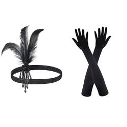 SKHAOVS 1920s Stirnband Feder Damen, 20er Jahre Accessoires, Flapper Great Gatsby Accessoires, Gatsby Kostüm Accessoires, Langen Handschuhen, Karneval Kostüm Damen Accessoires (2 Stück) von SKHAOVS