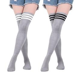 SKHAOVS 2 Paar kniestrümpfe damen Overknee Strümpfe Damen Lange Gestreifte Socken Einfarbig Baumwolle Lycra Cosplay Schule Sox UK Größe 37-39, grau, 4-7 von SKHAOVS