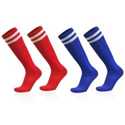 SKHAOVS 2 Pairs Kinder Fußballsocken, Kniehohe Fußballsocken für Jungen Mädchen, Elastische Fußball Rugby Basketball Socken, Lange Sportsocken Trainingssocken für 5–12 Jahren (Polyester, Red,Blue) von SKHAOVS