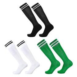 SKHAOVS 3 Pairs Kinder Fußball Socken, Jungen Mädchen Lange Fußballsocken, Kniehohe Rugby Basketball Socken, Elastische Sportsocken Trainingssocken für 5–12 Jahren (Polyester, Black,White,Green) von SKHAOVS