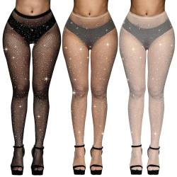 SKHAOVS 3 Pcs Glitzer Strumpfhose für Damen, Glitzer Netzstrumpfhosen Glitzer Leggings Netzstrumpfhose mit Strass, Glitzerstrümpfe für Partys, Rollenspiele (Black,White,Skin Color) von SKHAOVS