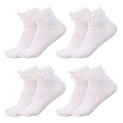 SKHAOVS 4 Paar Damen Weiße Rüschen Socken,Knöchel Socken,Rüschensocken,Weiche Spitzensocken,Ballettsocken,Süße Prinzessinen Socken,Kleidersocken,Atmungsaktive Baumwollsocken (Weiß) von SKHAOVS