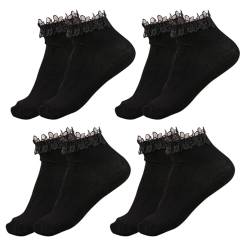 SKHAOVS 4 Paar Schwarze Rüschen Socken für Frauen,Knöchelsocken,Rüschensocken,Baumwollsocken,Weiche Spitzensocken,Ballettsocken,Niedliche Socken,Süße Prinzessinen Socken für Frauen Mädchen (Schwarz) von SKHAOVS