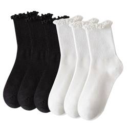 SKHAOVS 6 Paar Damen Söckchen Spitzen Rüschensocken Einfarbige Socken Sneakersocken Stricksocken Bequeme Atmungsaktive Socken Rüschen Knöcheltrainer Liner Socken für Frauen Mädchen (6 Paar) von SKHAOVS