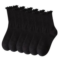 SKHAOVS 6 Paar Schwarze Damen Socken, Rüschensocken,Süße Socken,Schwarze Socken,Baumwollsocken für Damen (DE/NL/SE/PL, Alphanumerisch, Einheitsgröße, Regular, Regular, 6 Paar) von SKHAOVS