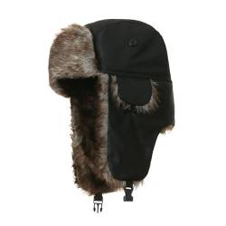 SKHAOVS Unisex Wintermütze mit Ohrenklappen,Winter Warme Fliegermütze mit Kunstpelz Ohrenklappen,Warme Kunstfellmütze Bomber Hut,Trappermütze wasserdichte für Skifahren Outdoor Aktivitäten(Schwarz) von SKHAOVS