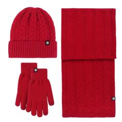 SKICEE Damen Winter Mütze Schal Touchscreen Handschuhe Set Thermo Strickmütze Beanie Wintermütze Schals Winterschal Winterhandschuhe Geschenk für Frauen (Rot) von SKICEE