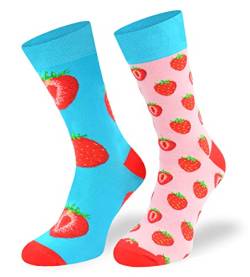 Autosiatki Bunte Interessante Socken - Lustige Seltsame Socken - Verrückte Ausgefallene Socken - Skurrile Socken für Erwachsene - Baumwolle - für Frauen Männer - Erdbeeren - 43-46 von SKIETY