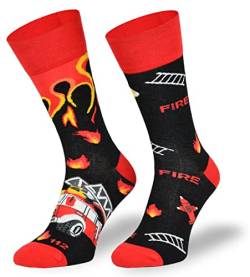 Autosiatki Bunte Interessante Socken - Lustige Seltsame Socken - Verrückte Ausgefallene Socken - Skurrile Socken für Erwachsene - Baumwolle - für Frauen Männer - Feuerwehr - 39-42 von SKIETY