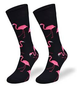 SKIETY Bunte Interessante Socken - Lustige Seltsame Socken - Verrückte Ausgefallene Socken - Skurrile Socken für Erwachsene - Baumwolle - für Frauen Männer - Flamingos Black – 35-38 von SKIETY