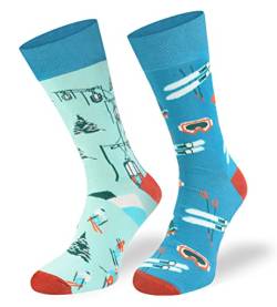 SKIETY Bunte Interessante Socken - Lustige Seltsame Socken - Verrückte Ausgefallene Socken - Skurrile Socken für Erwachsene - Baumwolle - für Frauen Männer - Skifahren - 35-38 von SKIETY
