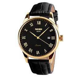 SKMEI Business-Herren-Quarz-Armbanduhr, römische Ziffern, Lederband, lässig, wasserabweisend, analoge Uhren, Schwarz + Gold, Business von SKMEI