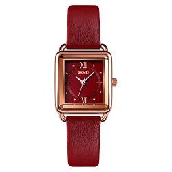 SKMEI Damen-Armbanduhr, Leder, elegant, rechteckig, Armbanduhr für Damen, Mädchen, Analog, Quarz, wasserdicht Classic 1.3*0.9*0.39 inch Rot-d von SKMEI