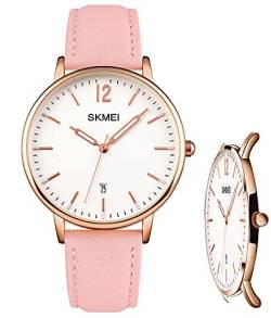 SKMEI Damen-Armbanduhr, Lederband, großes Zifferblatt, wasserdicht, dünn, minimalistisch, modisch, lässig, analog, Quarz, mit Datumsanzeige, Pink, Minimalistisch von SKMEI