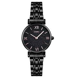 SKMEI Damen-Armbanduhr, klassisch, funkelnd, klares Zifferblatt, Kristallsteine, Edelstahlband, Schwarz , Armband von SKMEI