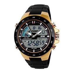SKMEI Digital-Armbanduhr für Männer, Sport-Armbanduhr, mit LED-Hintergrundbeleuchtung, großes Zifferblatt, wasserabweisend, Militär-Stil, mit Wecker- und Stoppuhr-Funktion, Gold von SKMEI