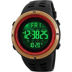 SKMEI Digitale Sportuhr für Herren, 50 m, wasserdicht, LED, Militär, Multifunktions-Armbanduhr, Stoppuhr, Countdown, automatisches Datum, Alarm, Schwarz/Gold-Rot, Chronograph, Digital, Smartwatch von SKMEI