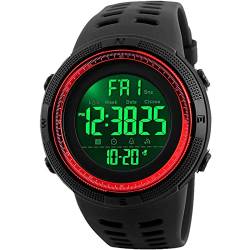 SKMEI Digitale Sportuhr für Herren, 50 m, wasserdicht, LED, Militär, Multifunktions-Armbanduhr, Stoppuhr, Countdown, automatisches Datum, Alarm, schwarz / rot, Chronograph, Digital, Smartwatch von SKMEI