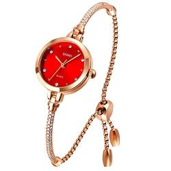 SKMEI Frauen Uhren Armband Diamant Damen Klein Roségold Mode Luxus Dünn Wasserdicht Analog Quarz Casual Mädchen Frau Geschenke Silber Armbanduhr, red, 24 von SKMEI