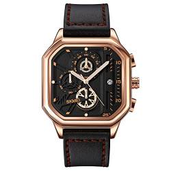 SKMEI Herren-Armbanduhr, Quarz-Uhrwerk, Chronograph, Lederarmband, wasserdicht, quadratisch, analog, Datum, modisch, Business-Uhren für Herren, Roségold, 2.09*1.65*0.47inches, Classic von SKMEI