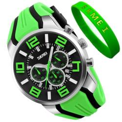 SKMEI Herren-Armbanduhr, Silikonband, wasserdicht, sportlich, lässig, großes Zifferblatt, Chronograph, luxuriös, leuchtend, analog, Quarz, Schwarz, G9128green, modisch von SKMEI