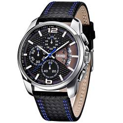 SKMEI Herren-Armbanduhr, schwarzes Lederband, Sport, großes Zifferblatt, luxuriös, wasserdicht, leuchtend, modisch, leger, analog, Quarz, Chronograph, Geschenk für Vater, Blaue Zeiger von SKMEI