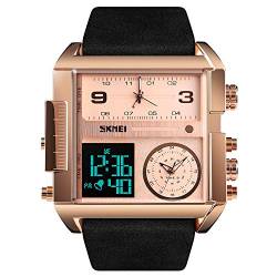 SKMEI Herren Digital-Sportuhr, LED-quadratisch, großes Zifferblatt, analoge Quarz-Armbanduhr mit mehreren Zeitzonen, wasserdicht, Stoppuhr modisch 2.17*2*0.59 inch Rose Gold Black von SKMEI