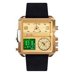 SKMEI Herren Digital Sportuhr LED Quadratisch Großes Zifferblatt Analog Quarz Armbanduhr mit Multi-Time Zone Wasserdicht Stoppuhr Business 1.78*1.61*0.55 inch Gold Schwarz-Licht von SKMEI