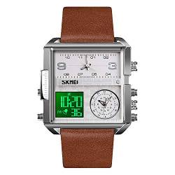 SKMEI Herren Digital Sportuhr LED Quadratisch Großes Zifferblatt Analog Quarz Armbanduhr mit Multi-Time Zone Wasserdicht Stoppuhr Business 1.78*1.61*0.55 inch Silber Braun-hell von SKMEI