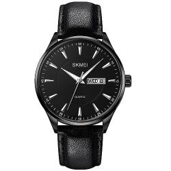 SKMEI Herren Uhren Schwarz Leder Mode Business Kleid Klassisch Lässig Einfach Licht Analog Wasserdicht Tag Datum Kalender Papa Väter Geschenke Gold Armbanduhr, Schwarzes Zifferblatt, silberne Zeiger, von SKMEI