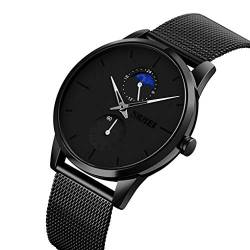 SKMEI Schwarze Uhren für Herren, ultradünn, minimalistisch, modisch, analog, Quarz, wasserdicht, Mondphase, Edelstahl-Mesh-Armband, Armbanduhr für Herren, CC-9208-black, 42, Minimalistisch von SKMEI