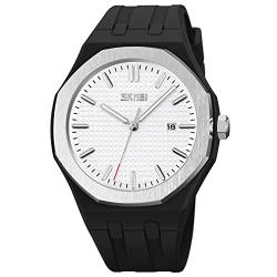SKMEI Uhren für Herren Einfaches schwarzes Silikonband Wasserdicht Sport Casual Mode Analog Quarz Geschenke Junge Männer Weiß Armbanduhr, G9299blackwhite von SKMEI