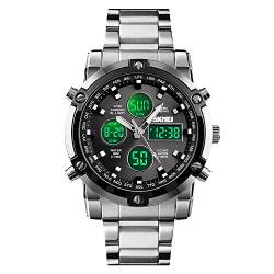 Skmei Herren-Armbanduhr, wasserdicht, Militär-Analog-Digital-Uhr mit LED-Multi-Zeit-Chronograph, Edelstahl, Business-Uhren für Herren 2.28*1.89*0.63 inches silber, schwarz von SKMEI