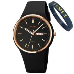 Uhren für junge Frauen, Damen, Sport, Silikonband, großes Zifferblatt, groß, wasserdicht, modisch, lässig, einfach, Quarz, analog, Tag, Datum, Mädchen, Geschenk, L1747black, Einfach von SKMEI